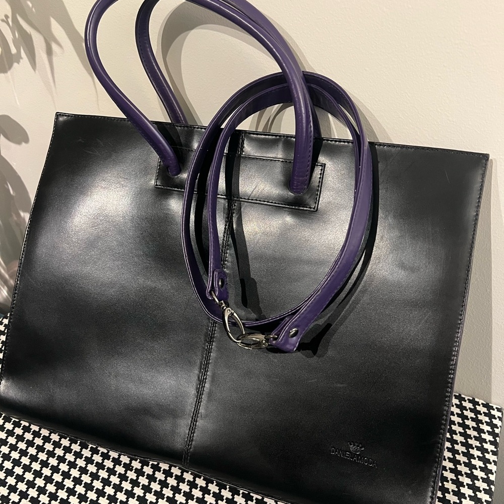 VERA PELLE GENUIN Leather Black and Purple computer Tote Bag